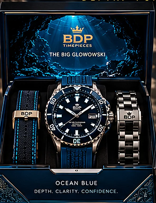 Ocean Blue presentation box with watch, sailcloth strap and bracelet