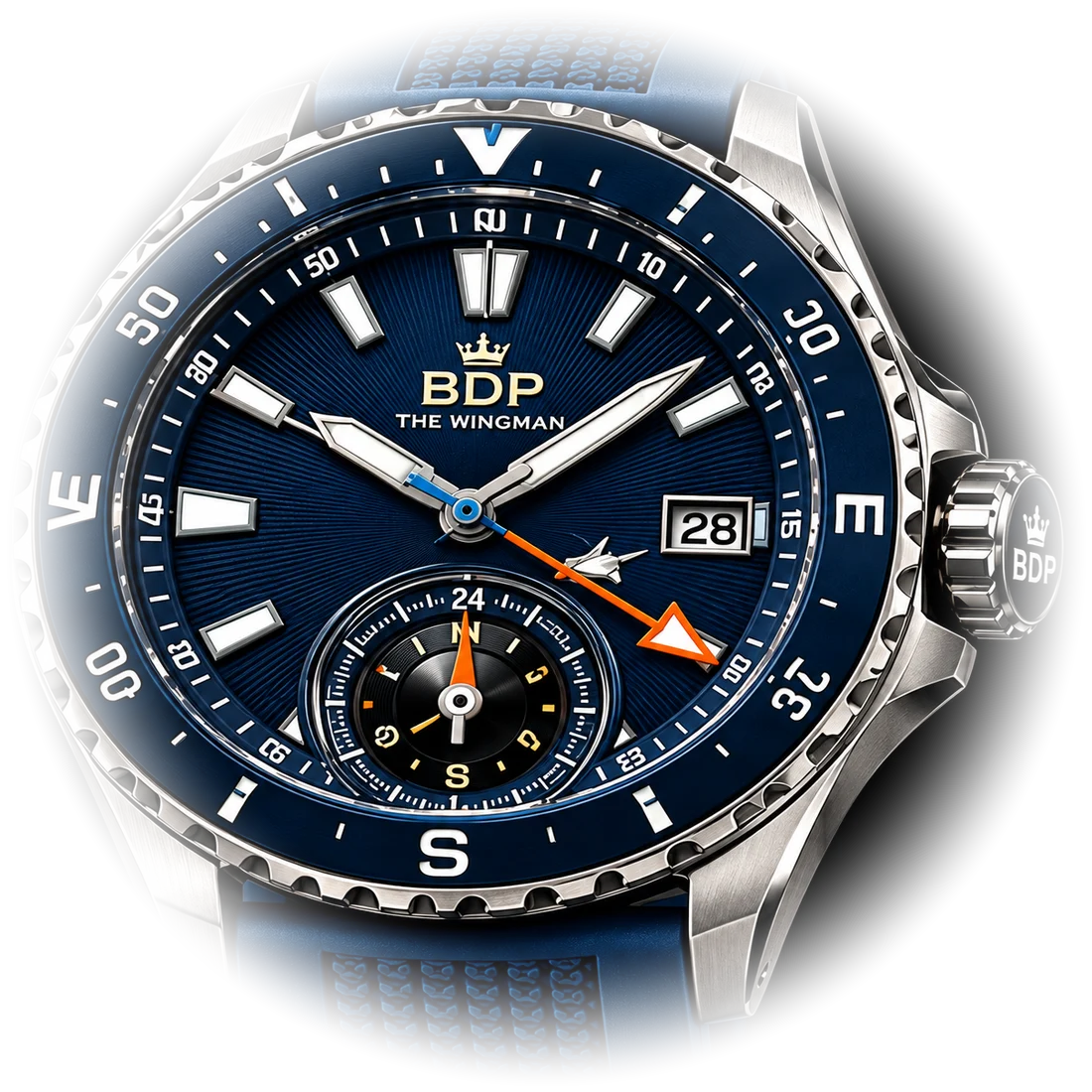 The Wingman Skyfall: navy dial and bezel with orange GMT hand